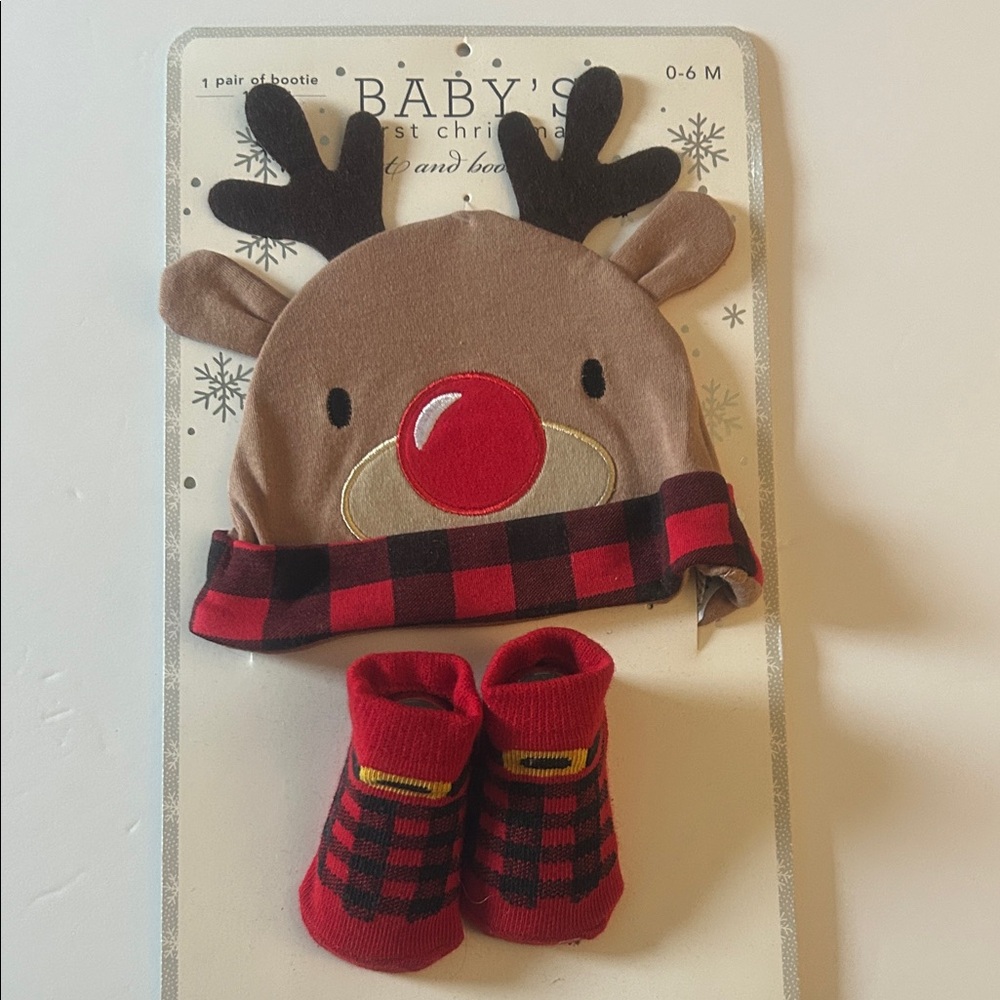 Reindeer Hat and Booties Set - Brown and Red